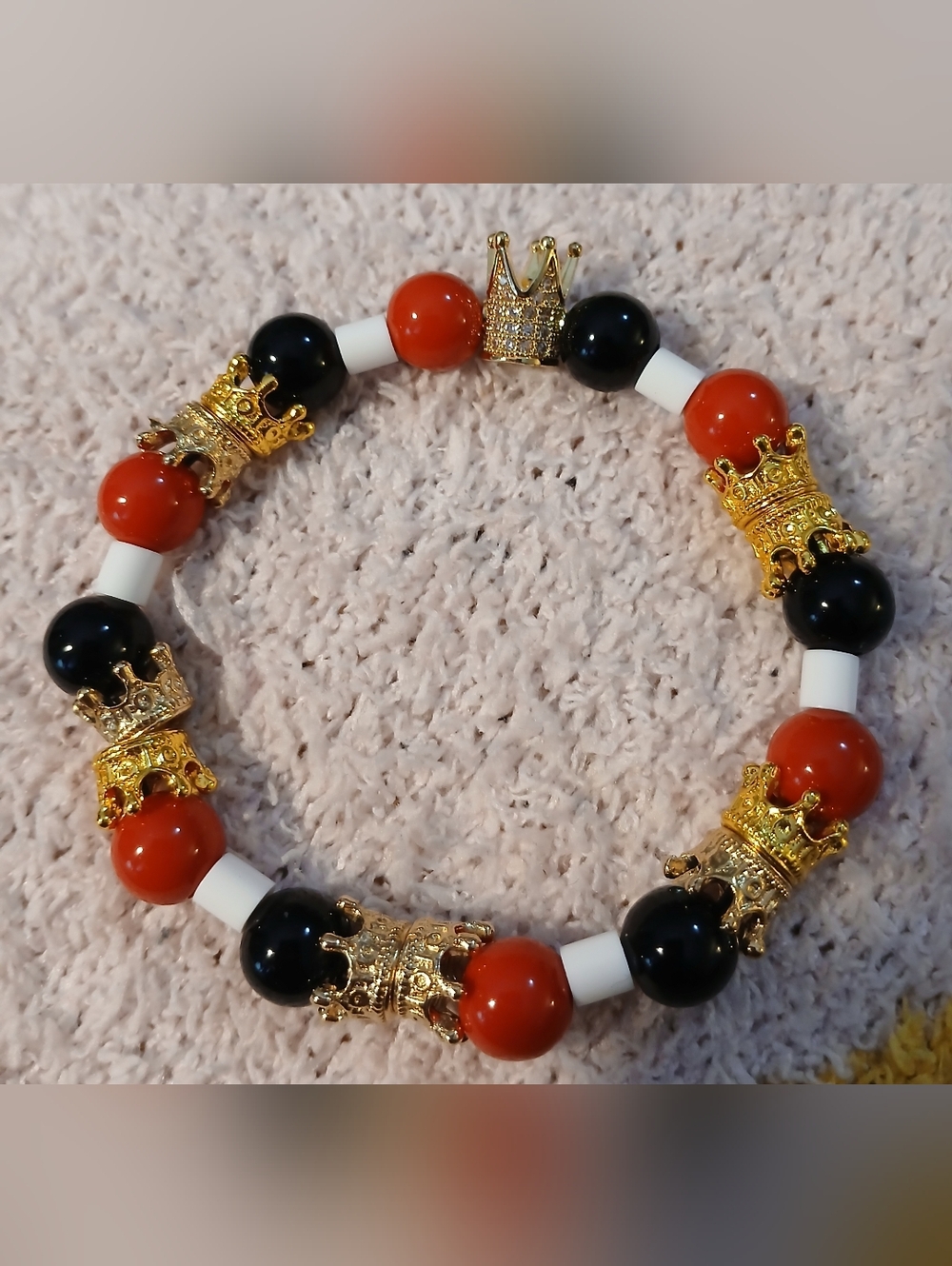 NWT Handcrafted Gold Crown Accent Black & Red Beaded Stretch Bracelet.